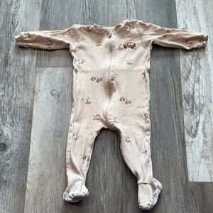 Pekkle Beige Footed Baby One-Piece with Vehicle Print‎